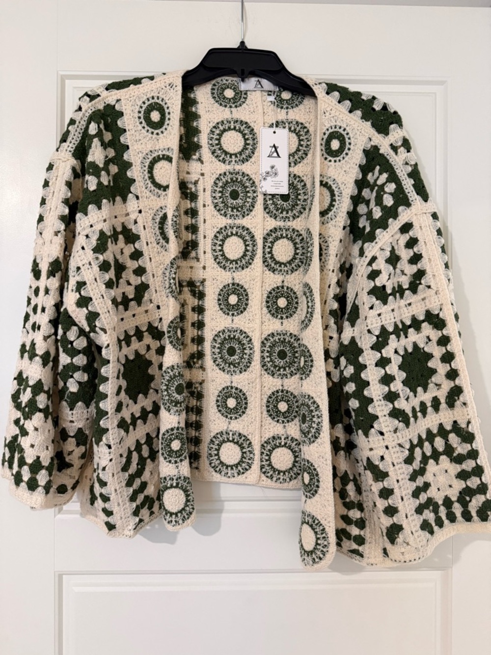 Crochet Open-Front Women’s Sweater Cardigan - Cream and Dark Green